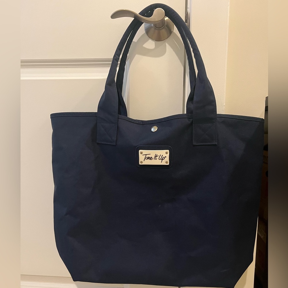 Tone It Up Tour Tote Bag, Blue Lined Snap Button Detail Dual Handle Very Deep